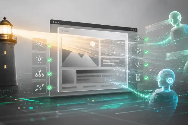 Ilustračná grafika webového auditu, kde svetelný lúč skenuje webové rozhranie a okolo neho sa pohybujú abstraktní AI agenti s digitálnymi kontrolnými bodmi.