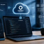 Ilustračný vizuál moderného pracoviska vývojára s notebookom, smartfónom a cloudovým rozhraním symbolizujúcim vzdialený AI workspace. Grafické prvky znázorňujú prepojenie mobilného zariadenia, vývojového prostredia a cloudovej infraštruktúry v jednom pracovnom toku.