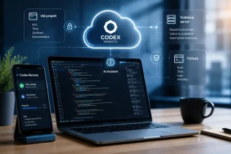 Ilustračný vizuál moderného pracoviska vývojára s notebookom, smartfónom a cloudovým rozhraním symbolizujúcim vzdialený AI workspace. Grafické prvky znázorňujú prepojenie mobilného zariadenia, vývojového prostredia a cloudovej infraštruktúry v jednom pracovnom toku.