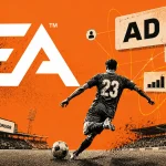 Futbalista na ihrisku pred veľkým bielym logom EA a reklamnými ikonami v oranžovo-čiernom vizuále.