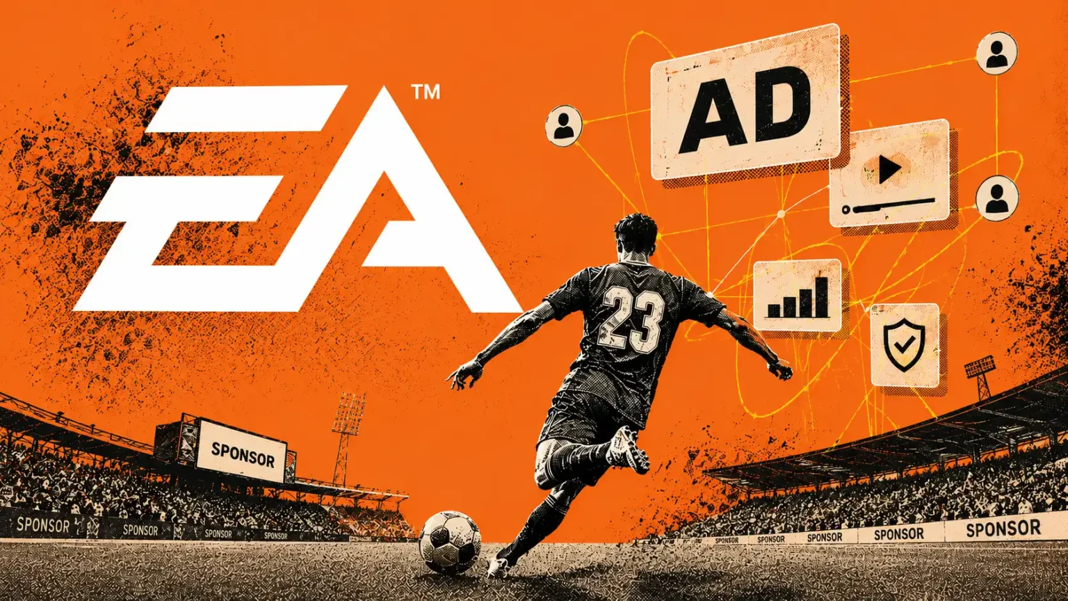 Futbalista na ihrisku pred veľkým bielym logom EA a reklamnými ikonami v oranžovo-čiernom vizuále.