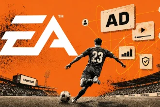 Futbalista na ihrisku pred veľkým bielym logom EA a reklamnými ikonami v oranžovo-čiernom vizuále.