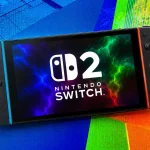Nintendo Switch 2 konzola na farebnom pozadí s nápisom Nintendo Switch 2 na obrazovke.
