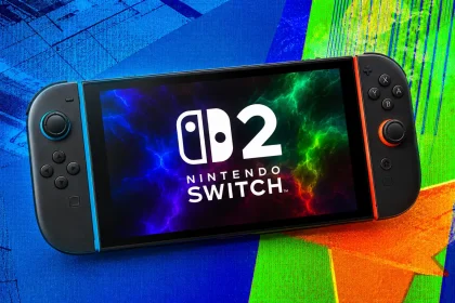 Nintendo Switch 2 konzola na farebnom pozadí s nápisom Nintendo Switch 2 na obrazovke.