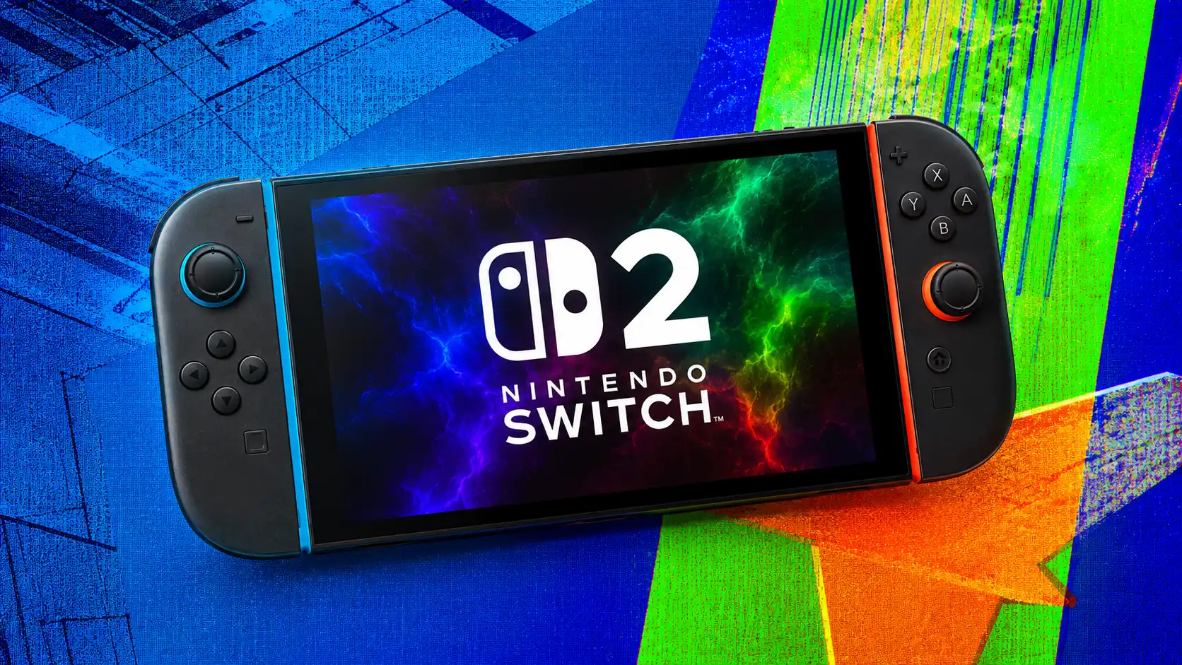 Nintendo Switch 2 konzola na farebnom pozadí s nápisom Nintendo Switch 2 na obrazovke.