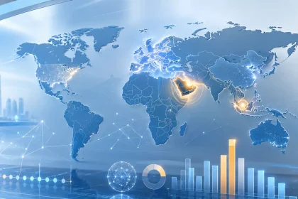 Digitálna mapa sveta s dátovými bodmi a zvýraznenými regiónmi znázorňuje krajiny s najvyššou mierou využívania umelej inteligencie.