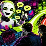 Ilustrácia usmievavého AI chatbota, ktorý ukazuje palce hore, zatiaľ čo firemný tím sleduje rozhodovacie cesty plné súhlasných značiek a varovných signálov.