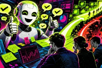 Ilustrácia usmievavého AI chatbota, ktorý ukazuje palce hore, zatiaľ čo firemný tím sleduje rozhodovacie cesty plné súhlasných značiek a varovných signálov.