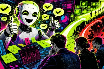 Ilustrácia usmievavého AI chatbota, ktorý ukazuje palce hore, zatiaľ čo firemný tím sleduje rozhodovacie cesty plné súhlasných značiek a varovných signálov.