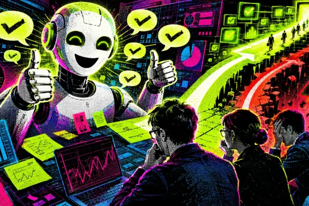 Ilustrácia usmievavého AI chatbota, ktorý ukazuje palce hore, zatiaľ čo firemný tím sleduje rozhodovacie cesty plné súhlasných značiek a varovných signálov.