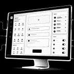 Čiernobiela halftone ilustrácia monitora s formulárovým builderom, poľami formulára, odoslanými dopytmi a napojenými integráciami.
