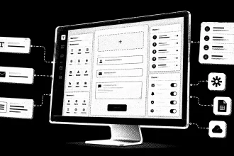 Čiernobiela halftone ilustrácia monitora s formulárovým builderom, poľami formulára, odoslanými dopytmi a napojenými integráciami.