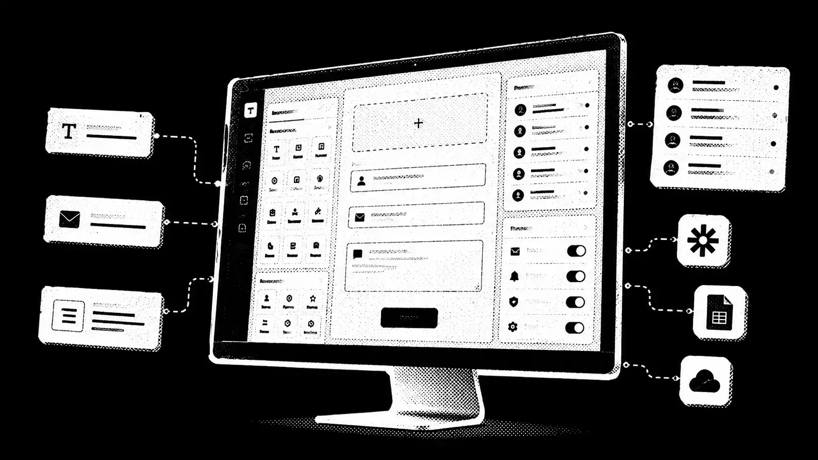Čiernobiela halftone ilustrácia monitora s formulárovým builderom, poľami formulára, odoslanými dopytmi a napojenými integráciami.