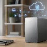 Moderné kompaktné sieťové úložisko na pracovnom stole s jemnými digitálnymi ikonami cloudu a zálohovania dát.