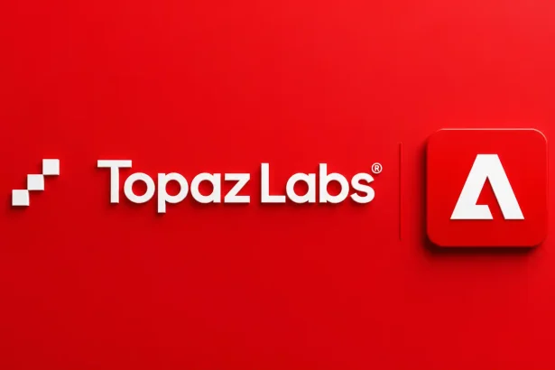 Logá spoločností Adobe a Topaz Labs vedľa seba na červenom pozadí symbolizujú akvizíciu a spojenie ich technológií v oblasti AI zlepšovania obrazu a videa.
