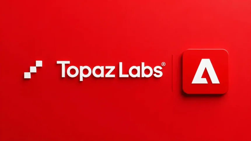Logá spoločností Adobe a Topaz Labs vedľa seba na červenom pozadí symbolizujú akvizíciu a spojenie ich technológií v oblasti AI zlepšovania obrazu a videa.