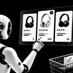 Čiernobiela ilustračná grafika robota, ktorý porovnáva tri produkty na obrazovke e-shopu a vyberá jeden z nich; vedľa neho je nákupný košík.