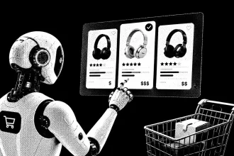Čiernobiela ilustračná grafika robota, ktorý porovnáva tri produkty na obrazovke e-shopu a vyberá jeden z nich; vedľa neho je nákupný košík.