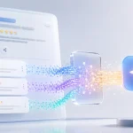 Ilustračné 3D rozhranie firemného profilu, v ktorom sa recenzie menia na dátové body smerujúce do abstraktnej AI odpovede.