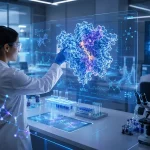 Futuristické laboratórium s vedcami pracujúcimi s digitálnou vizualizáciou proteínovej štruktúry, ktorá symbolizuje návrh vakcíny pomocou umelej inteligencie.