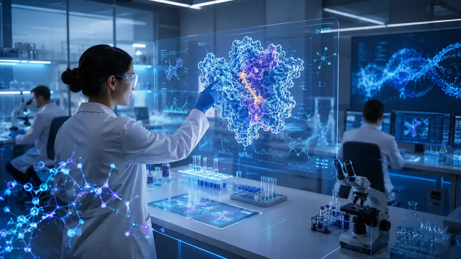 Futuristické laboratórium s vedcami pracujúcimi s digitálnou vizualizáciou proteínovej štruktúry, ktorá symbolizuje návrh vakcíny pomocou umelej inteligencie.
