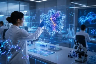 Futuristické laboratórium s vedcami pracujúcimi s digitálnou vizualizáciou proteínovej štruktúry, ktorá symbolizuje návrh vakcíny pomocou umelej inteligencie.