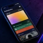 iPhone so zobrazenou digitálnou peňaženkou na tmavom futuristickom pozadí s neónovým osvetlením.