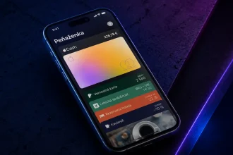 iPhone so zobrazenou digitálnou peňaženkou na tmavom futuristickom pozadí s neónovým osvetlením.