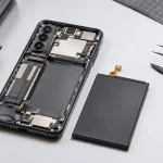 Rozobratý smartfón na čistom servisnom stole s vyberateľnou batériou položenou vedľa zariadenia, obklopený presným náradím používaným pri opravách elektroniky.