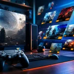 Realistický herný setup s ovládačom, monitorom a abstraktnými digitálnymi kartami hier vo výpredaji.