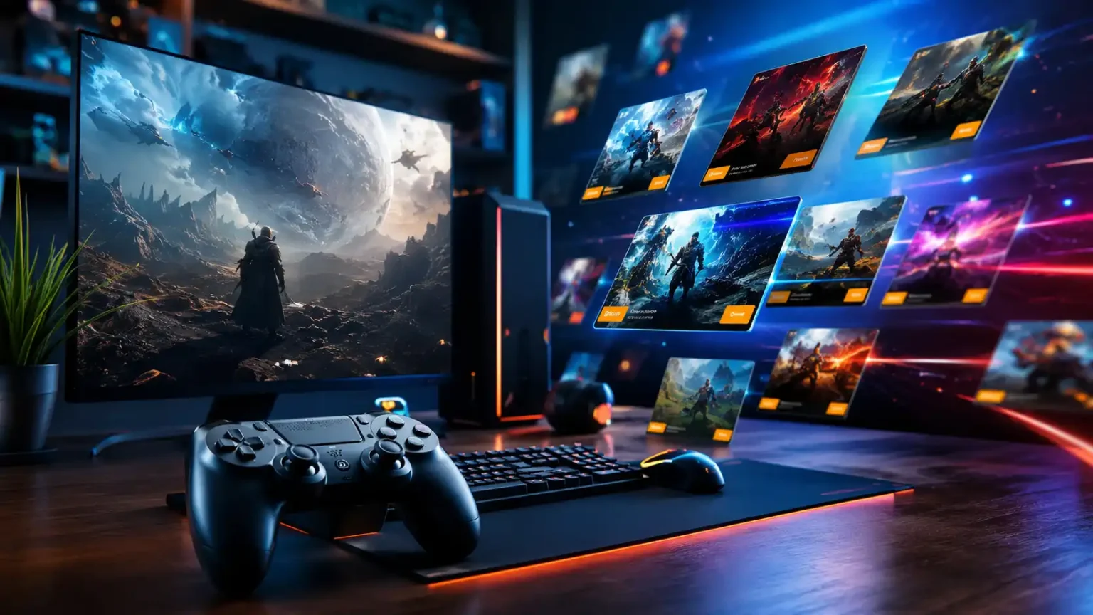 Realistický herný setup s ovládačom, monitorom a abstraktnými digitálnymi kartami hier vo výpredaji.