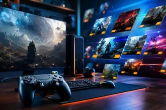 Realistický herný setup s ovládačom, monitorom a abstraktnými digitálnymi kartami hier vo výpredaji.