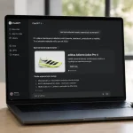 Fotorealistický záber moderného pracovného stola s notebookom zobrazujúcim konverzačné AI rozhranie a sponzorované produktové odporúčanie. Minimalistické kancelárske prostredie symbolizuje prechod od tradičného SEO k GEO (Generative Engine Optimization), kde značky oslovujú zákazníkov priamo v AI asistentoch.