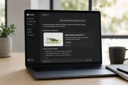 Fotorealistický záber moderného pracovného stola s notebookom zobrazujúcim konverzačné AI rozhranie a sponzorované produktové odporúčanie. Minimalistické kancelárske prostredie symbolizuje prechod od tradičného SEO k GEO (Generative Engine Optimization), kde značky oslovujú zákazníkov priamo v AI asistentoch.