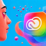 Moderný 3D vizuál s abstraktnou tvárou, farebným Creative Cloud symbolom a prvkami umelej inteligencie na modrom pozadí.