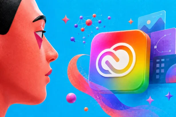 Moderný 3D vizuál s abstraktnou tvárou, farebným Creative Cloud symbolom a prvkami umelej inteligencie na modrom pozadí.