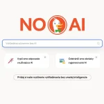 Domovská stránka vyhľadávača NO AI so slovenským textom, ktorá propaguje súkromné vyhľadávanie bez umelej inteligencie a odstránenie AI generovaných obrázkov.