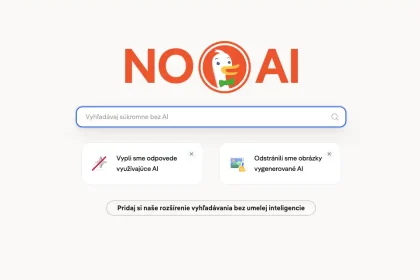 Domovská stránka vyhľadávača NO AI so slovenským textom, ktorá propaguje súkromné vyhľadávanie bez umelej inteligencie a odstránenie AI generovaných obrázkov.