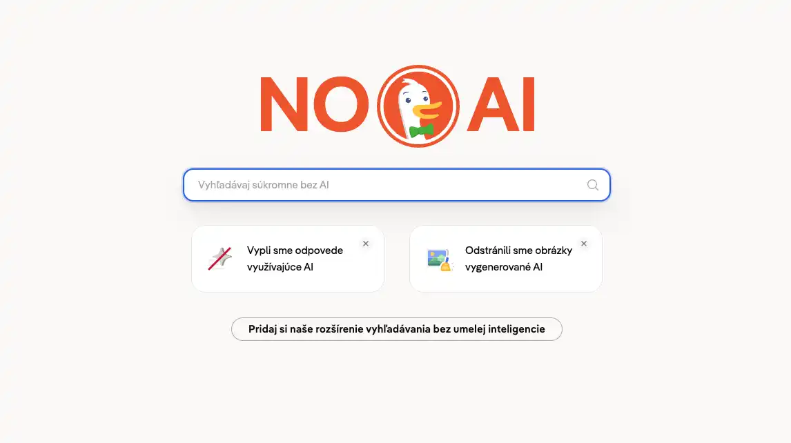 Domovská stránka vyhľadávača NO AI so slovenským textom, ktorá propaguje súkromné vyhľadávanie bez umelej inteligencie a odstránenie AI generovaných obrázkov.