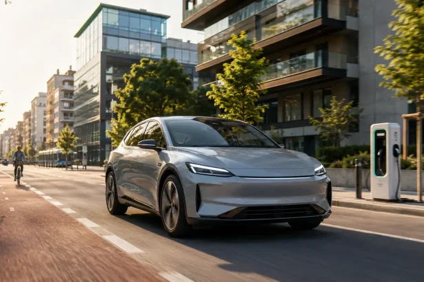 Moderné elektrické auto jazdí po čistej mestskej ulici s prvkami udržateľnej dopravy a nabíjacej infraštruktúry.