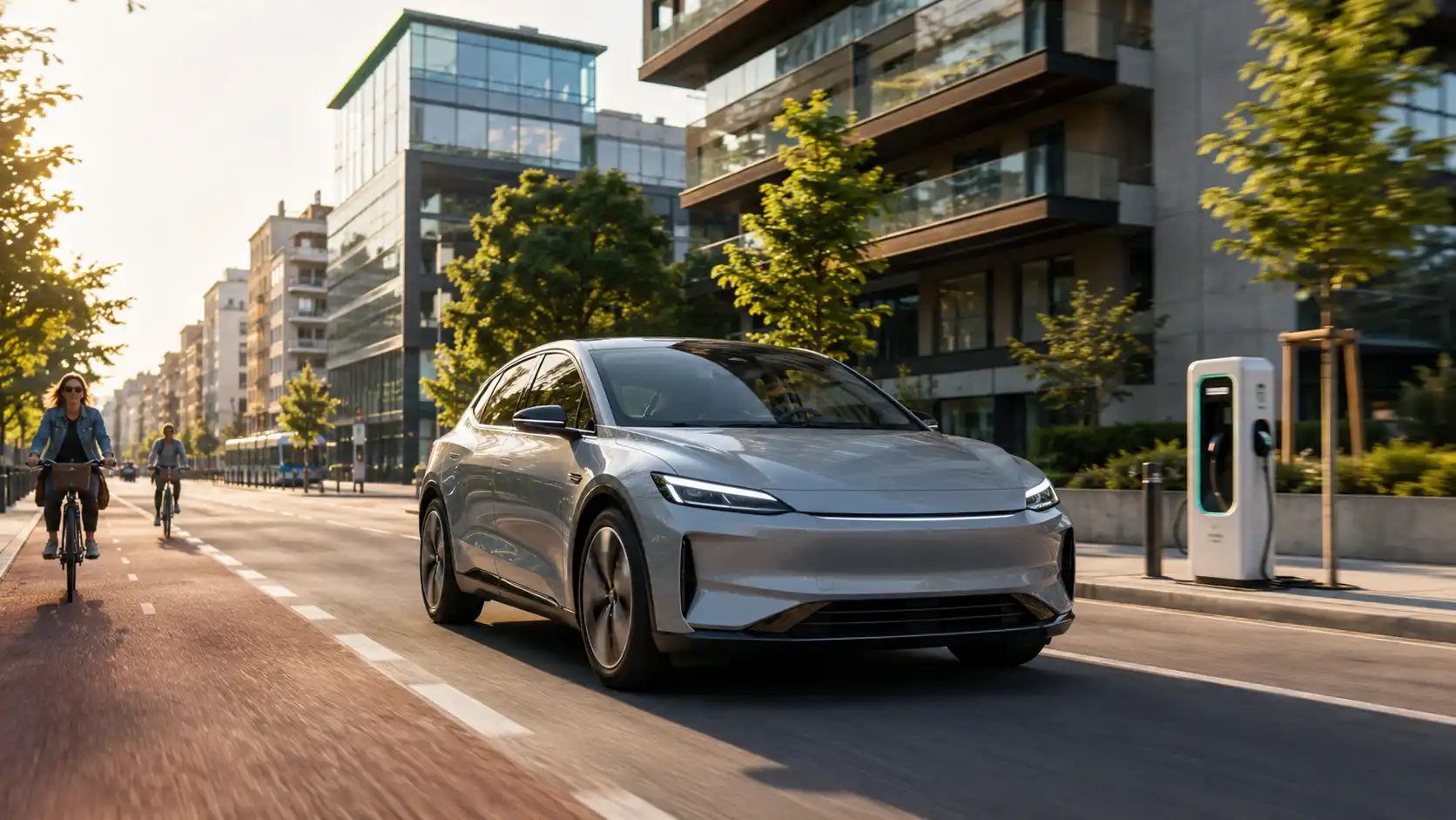 Moderné elektrické auto jazdí po čistej mestskej ulici s prvkami udržateľnej dopravy a nabíjacej infraštruktúry.