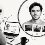 Kolážový vizuál zobrazuje človeka pri notebooku, veľkú lupu s digitálnym AI avatarom tváre,