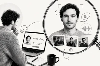 Kolážový vizuál zobrazuje človeka pri notebooku, veľkú lupu s digitálnym AI avatarom tváre,