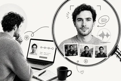 Kolážový vizuál zobrazuje človeka pri notebooku, veľkú lupu s digitálnym AI avatarom tváre,