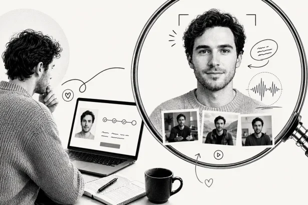 Kolážový vizuál zobrazuje človeka pri notebooku, veľkú lupu s digitálnym AI avatarom tváre,