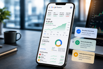 Smartfón s aplikáciou Google Finance zobrazuje prehľad portfólia, vývoj akciových grafov a finančné údaje. V pozadí je moderné pracovné prostredie s notebookom a burzovým grafom, doplnené informačnými kartami o aktuálnych trhoch.