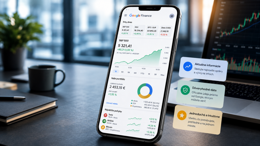 Smartfón s aplikáciou Google Finance zobrazuje prehľad portfólia, vývoj akciových grafov a finančné údaje. V pozadí je moderné pracovné prostredie s notebookom a burzovým grafom, doplnené informačnými kartami o aktuálnych trhoch.