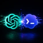 Animovaný technologický vizuál zobrazujúci prechod medzi ChatGPT a Codexom. Žiariace logo ChatGPT sa pomocou digitálnych glitch efektov a dátových častíc prepája s logom Codexu na tmavom futuristickom pozadí.