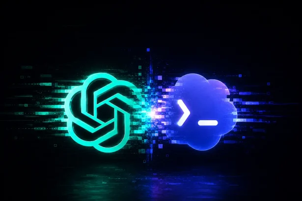 Animovaný technologický vizuál zobrazujúci prechod medzi ChatGPT a Codexom. Žiariace logo ChatGPT sa pomocou digitálnych glitch efektov a dátových častíc prepája s logom Codexu na tmavom futuristickom pozadí.