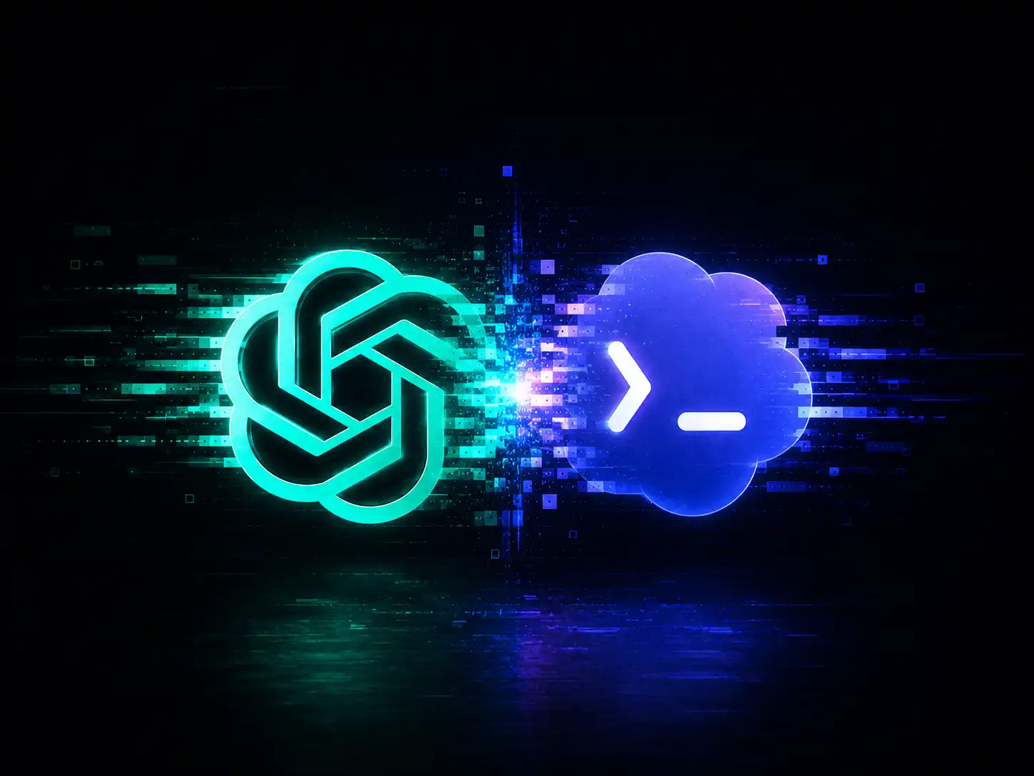 Animovaný technologický vizuál zobrazujúci prechod medzi ChatGPT a Codexom. Žiariace logo ChatGPT sa pomocou digitálnych glitch efektov a dátových častíc prepája s logom Codexu na tmavom futuristickom pozadí.